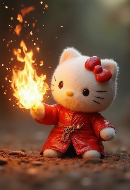incredibly cute hello kitty shaman hurling tiny flameballs in a fit of rage, uhd DSLR shot, hyperrealistic photorealistic, cuteness overload