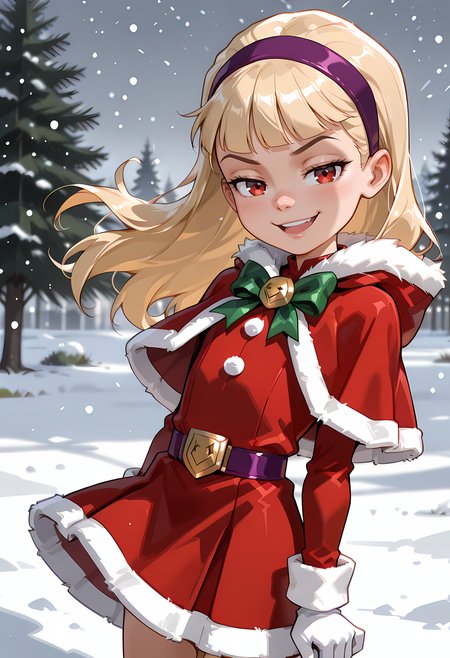 score_7, score_7_up, score_9, score_9_up, BREAK, DC__Young_Justice_Child, 1girl, blond hair, red eyes, purple hairband, , smug smile,  arched back, cowboy shot, solo, child <lora:justice_girl_childILL:1>, (portrai shot, upper body), happy, looking at viewer, upper teeth, looking at viewer,  christmas, fur trim, red capelet, red dress, fur-trimmed dress, long sleeves, white gloves, snowing, outdoors