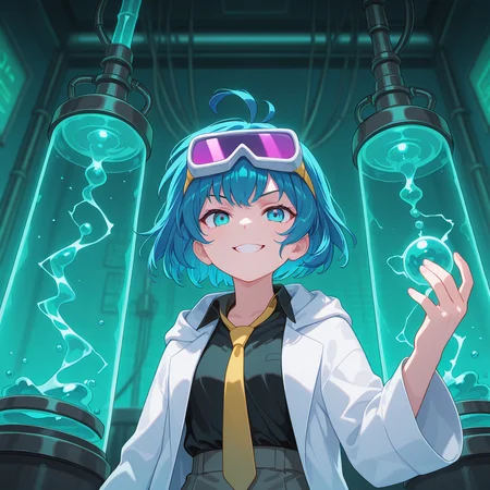 deep contrast, luminous lighting, cinematic ambiance, best quality, colorful, masterpiece, detailed_background, ethereal glow, 
<lora:sk-alchemist-v2-09:0.7> sk-aellie, 1girl, blue hair, (young), blue eyes, upper body, from below, cocked eyebrow, expressions, 
yellow necktie, white lab_coat, black shirt
BREAK
mad_scientist, laboratory, water_tank, experimental_creature, glowing_liquid, eerie_lighting, science_equipment, long_lab_coat, wild_hair, goggles_on_head, evil_grin, test_subject, tubes, cables, electricity