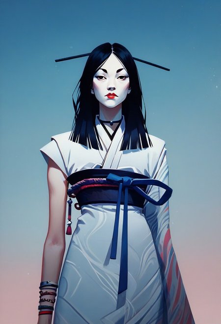score_9,score_8_up,score_8,score_9,(((pastel colors, high contrast,expressiveh,solo focus, ))), (1girl, standing, looking at viewer)  rimlight, asian, Kuroku, Japanese clothes, white clothes, black hair, long hair, red lipstick, hair ornament, museum background, blue sash, one sleeve,
