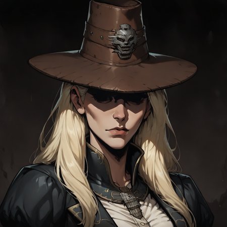 masterpiece, best quality, newest, absurdres, highres, anime, anime style, 1girl, GRDD-V1.1, hat, blonde, blonde hair, long hair, leather jacket, jacket, black eyes, shaded eyes,