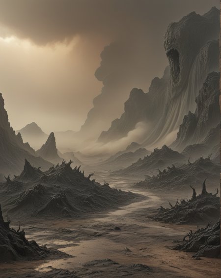 dark fantasy landscape Obsidian lava field glass demon gardens,Dust storm: Haboob wall advancing like apocalyptic bronze curtain,
random pilgrims in landcscape,
 <lora:ral-dark-fantasy-il:0.12> dark fantasy, eldritch horror, mythology, apocalyptic
<lora:extremely_detailed:0.8> extremely detailed,
<lora:DetailMaximizer:0.3>,
 <lora:Dream Scenery XL:0.8> Dream Scenery,
<lora:add-detail-xl:0.3>,
detailxl