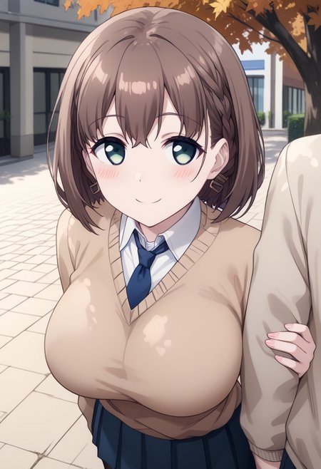 score_9, score_8_up, score_7_up, source_anime, 
detailed eyes, eye reflection,
ai, short hair, brown hair, green eyes, braid, side braid,
huge breasts,
earrings,
necktie, blue necktie,
sweater, brown sweater,
shirt, white shirt, collared shirt,
skirt, pleated skirt, blue skirt,
pantyhose, black pantyhose,
outdoors, autumn,
1girl, blush, smile,
arm hug,
