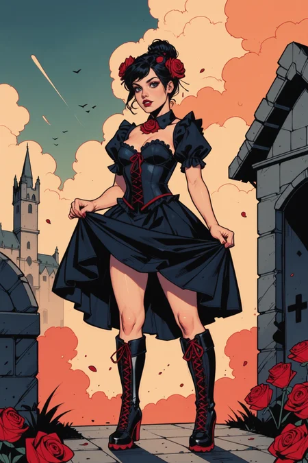 1girl, skirt hold, boots, solo, dress, skull, black dress, puffy sleeves, short sleeves, flower, puffy short sleeves, detached collar, looking at viewer, hair ornament, black footwear, black hair, hair flower, rose, standing, breasts, bare tree, full body, fog, red lips, short hair, tree, outdoors, knee boots, cross-laced footwear, red flower, blood, graveyard, cleavage, medium breasts, red rose, parted lips, lips, cross, teeth, castle, curtsey, weapon, planted, goth fashion, sky, realistic, corset, frills, ruins, skirt, hair bun, small breasts, <lora:Expressive_H:0.5>, score_9, score_8_up, score_8_up, a_Comic_Illustration, rough lines with ink, (drawn:1.1), (sketch:1.5), (crosshatching:1.25), (comic style:1.1), graphic novel style, sharp lines, hires, zstyle, (western comics \(style\):1.1), (hatching \(texture\):1.2), zPDXL, Mr_Monster_Possitive