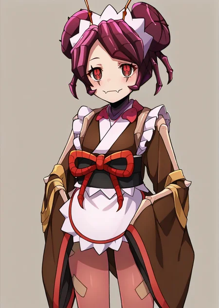 score_9, score_8_up, score_7_up, score_6_up, rating_explicit, source_anime,  <lora:age_slider_v4:-1>, <lora:StS_PonyXL_Detail_Slider_v1.4_iteration_3:4>,cinematic shadow, character focus, detailed skins, standing, soft skins, cowboy shot, perfect curvy small breasts, <lora:Entoma_r1:1>,entoma, monster girl, arthropod girl,skin fangs, purple hair, double bun, antennae,  entomadress,japanese clothes, maid headdress,ofuda on clothes, bow,frills, brown kimono, sleeves past fingers, wide sleeves, sash, obi, white apron, brown pantyhose, from front,looking at viewer,  black eyes, colored pupils, symbol-shaped pupils, red pupils, ultra detailed background