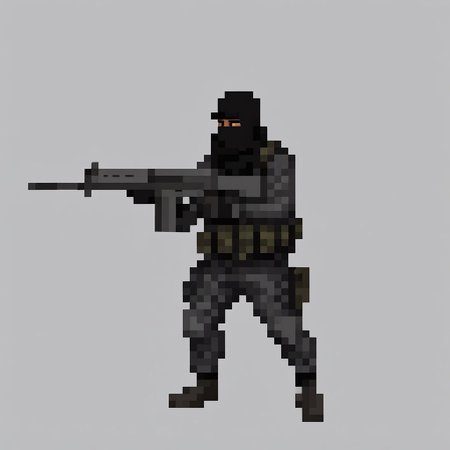Middle eastern insurgent holding a rifle, in the middle of a federal bank during a heist, black suit, balaclava, duffel bag, fnfalrfl, pixel art