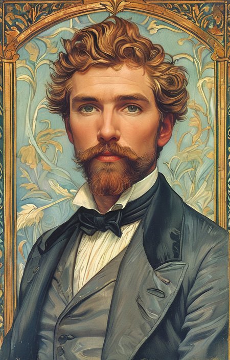 masterpiece,best quality,<lora:tbh132-sdxl:0.8>,portrait of man,illustration,style of Walter Crane,