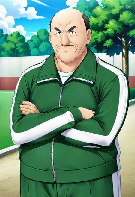 outdoors, solo,
<lora:kamata:1> kamata,black eyes,    facial hair, bald, fat, old man, fat man, crossed arms,
smile, serious,looking at viewer,
track suit, green track suit,
anime screencap, masterpiece, best quality,uncensored,