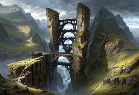 There is a steep metal structure still built into the wall of the chasm around which several abandoned skyships are still docked. The gorge is bottomless and the scene gives an air of vertigo and that the structures are desperately clinging on. Just cold desolation under a stormy sky. The snow here contrasts sharply with the black rock of the cliffs that line this valley, (Highest quality:1.0),(High resolution:1.0), (masterpiece:1.0), (overview:0.6), beautiful and aesthetic:1.3), extreme detailed, colorful, highest detailed,((ultra-detailed)),(highly detailed CG illustration),((Gloomy and Dark Atmosphere)),,