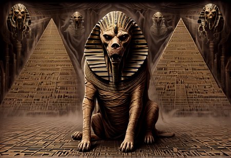 H.P. Lovecraft book cover (dog:1.2)Hellhound in (eddie:1.5) style, looking like a mummy,bloody, flesh, dripping blood, scary, in egypt, pyramids,  hyper detailed, highly intricate,fog,,. Unnamable ancient one, incomprehensible sanity-blasting geometries, cosmic horror