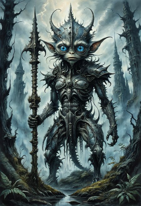 illustration of a little magical cute forest creature, large biomech tower in the background.  The creature IS holding a spear. fantasy art, intricate details, style Jean - Baptiste Monge, style Alan Lee, anthropomorphic insanity scene from a movie, dramatic shot angle, atmospheric particles, Real, raw cinematic photorealism, action portrait, 8k, detailed, centered, full frame, blue eyes, oil painting by H.R Giger