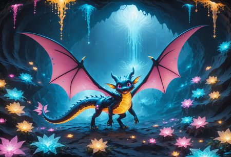 score_9,score_8_up,score_7_up, sorce_real, 8k, hd, a cute creature, mixed of a black dragon and a bat, cute and mischievous, black skin, purple details, neon colored glowing particles in the creatures black skin, black skin with neon pink bioluminescence, cinematic light, looking at viewer, dark, nigh, mysterious atmosphere, floating hearts, flies through a dark stalactite cave at night, bioluminescent icicles on the walls, everything is shrouded in darkness.  <lora:SDXLFaeTastic2400:1>, cave by Jed-Cosmos  <lora:Jed-Cosmos-sdxl:0.8>