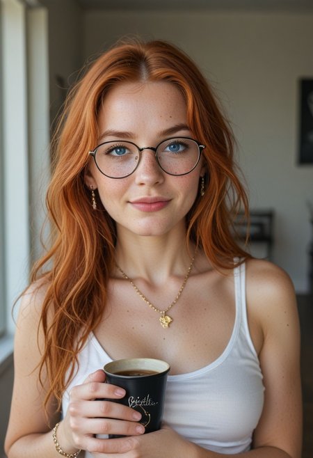 Cute 21 year old woman, hourglass figure, orange hair, long hair, cute black plastic square frame glasses, bright blue eyes, medium breasts, round ass, heavy freckles on face, diamond stud earrings, gold chain necklace with ruby pendant, ruby belly button piercing, wearing a loose white tank top, wet hair, wet body, posing seductively, happy, holding a cup of coffee