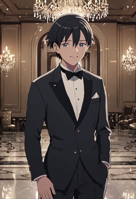 Highres, Masterpiece, High Quality, 4K, 8K, solo, 1Boy, Takaki Toono, adult, black hair, short hair, ballroom, luxury hotel, luxury room, marble floor, crystal chandelier, classic ornaments, tuxedo, smile, musterius, classy, confident, rich, easynegative, detailed_eye_model