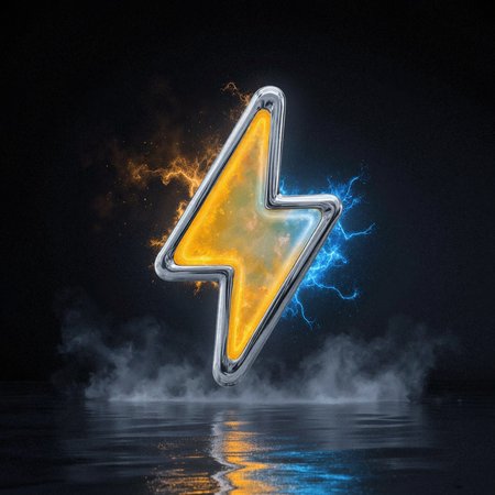 suchbuzzlogo, in the style of bonafida, A cinematic, intensely dramatic studio portrait featuring two gleaming chrome 3D lightning bolt icons suspended in a pool of mist, radiating contrasting electric yellow and blue glows that spill soft shadows across the dark surroundings, casting sharp highlights on subtle scratches and reflections along their glossy finishes. The atmosphere is thick with dark smoke and metallic dust particles catching colored light in fleeting glints, imbuing an air charged with static energy reminiscent of Bonafida's stylized commercial photography., ,<lora:Flux\BUZZ_LOGO_Flux_Lora SuchBuzzLogo.safetensors:1.0:1.0> <lora:Flux\Studio Robots Flux_Lora in the style of Bonafida.safetensors:0.6:0.6>