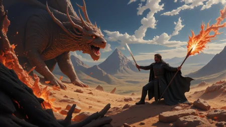 beautiful fantasy epic landscape, very detailed medieval warrior  holding a sword fighting against a fierce dragon, fire, (multilayer paint splash style),  <lora:Hand v2:1> <lora:Anti-Blur:1> <lora:Insane Detail Slider:0.5>   <lora:Flux.1_Turbo_Detailer:0.6>   <lora:flux-photo-transparent_Alpha_1.0:0.8> <lora:flux.1_lora_flyway_Epic-detail_v2:1>   <lora:FluxMythP0rtr4itStyle:0.8> mythp0rt <lora:zy_Dark_Fantasy_Flux:0.5>