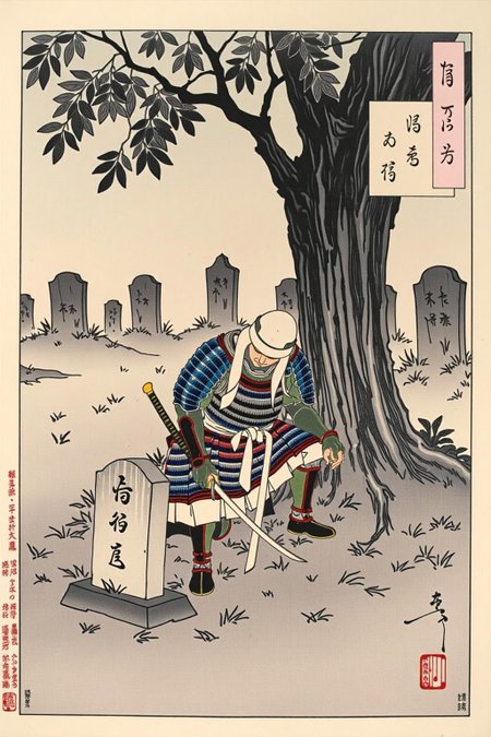 tsukioka1 Japanese woodblock print ukiyo-e. 
A solemn samurai kneels beside the grave of a fallen comrade in a quiet, misty graveyard. The samurai’s armor is worn, and his expression is one of deep sorrow as he places his katana on the grave as a sign of respect. The grave is marked with a simple gravestone, and the surrounding graves are weathered by time. The mist adds an ethereal quality to the scene, and the only sound is the soft rustling of leaves. The style is poignant and reflective, focusing on the knight’s grief and the somber reality of war 
 <lora:schnell_v1.0:1.0> <lora:tsukioka_ukyo-e4_nocap_d8a4:1.0><lora:798030891252334919:0>