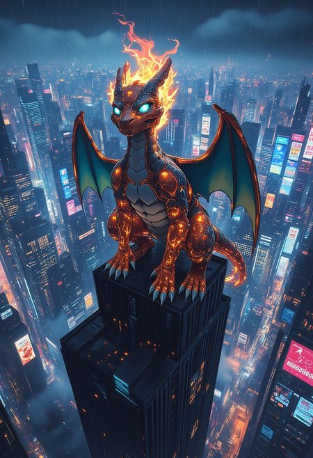 A cyberpunk Charizard, its scales replaced with sleek metallic plating glowing faintly with orange and blue neon lines. Its wings are made of translucent energy panels, crackling with electric currents, while its tail flame burns as a vibrant plasma orb, pulsing with shifting colors. Charizard sits atop a futuristic skyscraper. Cinematic focus on Charizard, with the cyberpunk skyline in the misty distance. aidmaMJ6.1, anime.