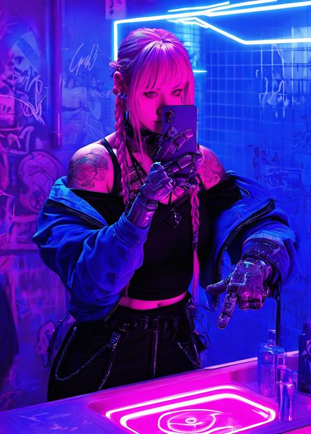 realistic,  
masterpiece, best quality, amazing quality, highres, absurdres, very aesthetic, very awa,expert shading, ultra detailed, UHD, 8K,
BREAK, 
N3onSp3ctra,realism, N3onSp3ctra, 1girl, solo, tattoo, pink hair, twin braids, braid, holding, phone, mirror, cyberpunk,  graffiti, indoors, punk outfit, one mechanical arm, jacket off-shoulder, yellow.  <lora:NeonSpectra-000006:0.75>