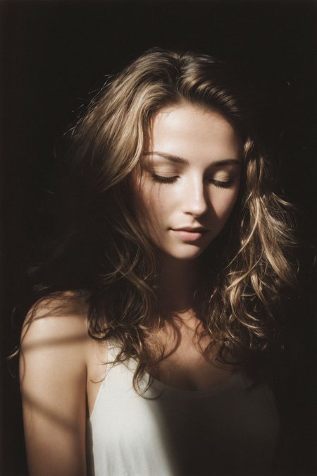 Deep photo, depth of field, ferrania p30 film, shadows, messy hair, perfect face and body, dark, nighttime, dark photo, grainy, dimly lit, seductive smirk, harsh camera flash ((eyes closed)), Layered curls, Dirty blonde hair color, Analogue photography, overexposed, (silhouetted against the bright window light:1.2)