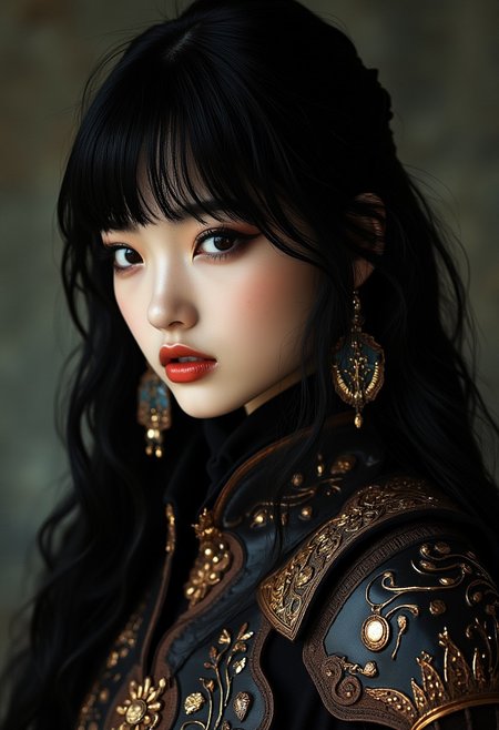 midjourney_whisper_avant_couture, Japanese woman, bangs, haute couture version of barbarian leather armour, intricate earrings, dark eyeshadow, red lips, portrait photograph