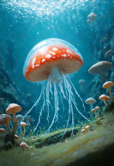no_humans, blurry_background, depth_of_field, grass, plant, scenery, underwater, realistic, animal_focus, mushroom, bokeh, jellyfish, moss, depth of field, photo \(medium\), 
best quality, very awa, highres, newest