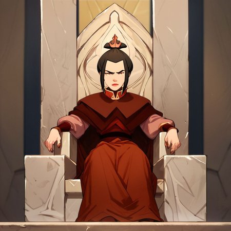 score_9, score_8_up, score_7_up, score_6_up, score_5_up, score_4_up, rating_safe, 1girl, Azula, sitting on a throne, eyebrow raised