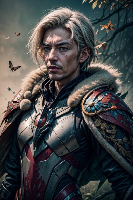 (masterpiece, detailed:1.3), vivid colors, <lora:add_detail:1>,
(1man,  old  male:1.2), wise,  pink eyes, white hair, temp fade, 
Style-GravityMagic, portrait, solo, half shot, looking away, detailed background, detailed face, (tribal polynesian theme:1.1)  flower-sentinel, nature themed armor, blending of treebark with armor, layered armor, leaves  cloak, fused with armor,    vigilant, leaf symbols,  glowing  natural symbols etched in armor,  plant overgrowth,particle effects, blossoming rocks in background, spring, butterflies, wind blowing, shadowy backdrop, eerie atmosphere,
<lora:StarDust:0.6>,
