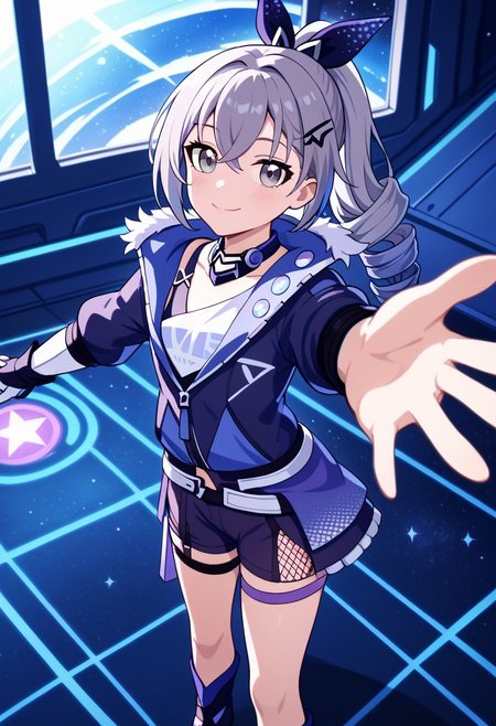 score_9, score_8_up, score_7_up, masterpiece, best quality, absurdres, vibrant, highly detailed, super cute and adorable, fluffy, from above, three-quarter front view, 
BREAK 
1girl, solo, silver wolf \(honkai: star rail\), drill hair, grey eyes, grey hair, light blush, long hair, reaching towards viewer, happy, looking at viewer, closed mouth, :3,
BREAK 
indoors, space base, outer space,