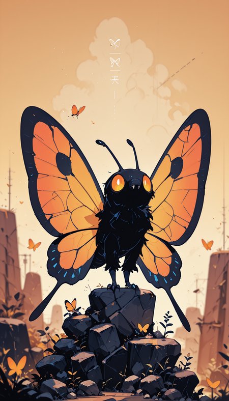 masterpiece, best quality, good quality, very aesthetic, absurdres, newest, 8K, depth of field, focused subject,   A vivid portrayal of a butterfly perched on a rocky surface. The butterfly's wings are a kaleidoscope of colors, transitioning from deep purples and blues at the edges to bright yellows and oranges at the tips. The intricate patterns on the wings are illuminated, giving them a luminous appearance. The surrounding rocks are rough and uneven, with a mix of gray and brown tones. The background is blurred, emphasizing the butterfly as the main subject, and the overall color palette is warm, with the butterfly standing out against the earthy tones of the surroundings. solo, outdoors, wings, pokemon_\(creature\), no_humans, depth_of_field, bug, rock, antennae, insect_wings, butterfly_wings,