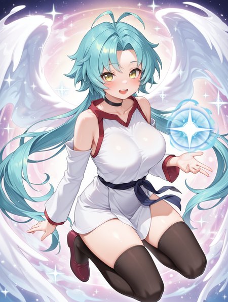 effect veiler,1girl,solo,large breasts,blush,looking at viewer,open mouth,smile,collarbone,:d,teeth,sparkle,magic,black choker,white sleeveless dress,white detached sleeves,blue sash,red shoes,black thighhighs,see-through angel wings,full body,
masterpiece,best quality,amazing quality,very aesthetic,absurdres,newest,<lora:Effect Veiler illusXL v1:0.73>,