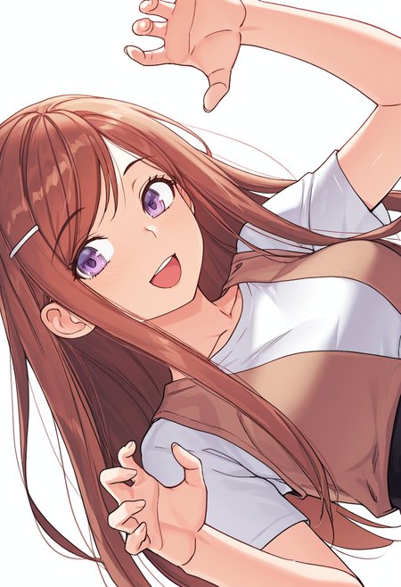 Smooth Quality,masterpiece,very intricate, high quality details, ultra realistic, high detailed skin,detailed enviorement,absurdres,
simple background, white background, dancing,skindentation, solo,sideways,claw pose,
 <lora:Dasom_Lee_CNR:0.8> dasom_cnr,  1girl, brown hair, long hair, bangs, purple eyes,hairclip,vest, ,t-shirt, ,high-waist skirt,  ,, aroused,, :d,