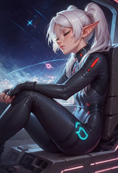 score_9, score_8_up, score_7_up, score_6_up, perfect face, perfect eyes,,4ng3l face ,  1girl, solo,  
nereirfpnxl,frieren, elf, white hair, green eyes, twintails,  , ((black bodysuit, hexagon pattern, plugsuit)),   perfect legs, dutch angle, sitting, side view,
gundamwingcockpit, futuristic, scifi, controls, joystick,   technology,  glowing, neon, cockpit seat, spaceship, stars, sleeping, eyes closed,