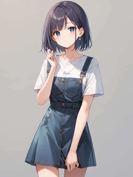 score_9, score_8_up, score_7_up,source_anime, high res image,masterpiece,best quality,girl,cute face,clear skin,shiny hair,ultra detailed eyes,simple background <lora:salopette_pony_V1.0:0.8> salopette, overall skirt
