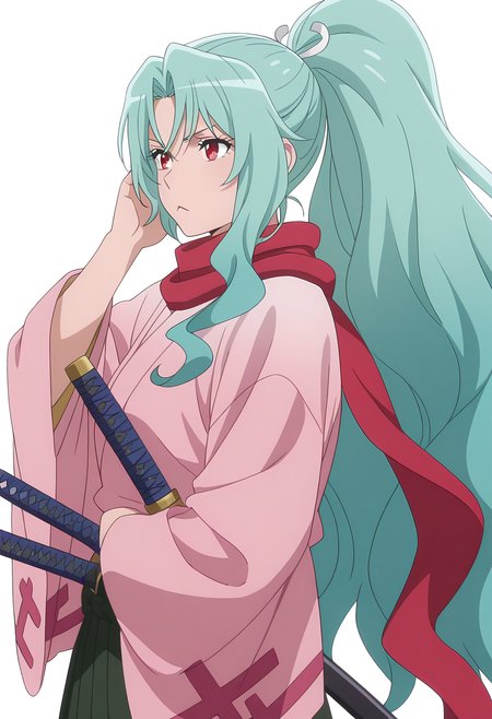 Smooth Quality,masterpiece, ultra realistic,
simple background, white background,
dynamic angle,:<,Hand on own ear,
 <lora:Tomoecnn:0.8> sofia/cnn, 1girl, long hair, scarf, ponytail, red eyes, japanese clothes, katana, green hair, very long hair,
