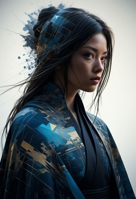 mysterious silhouette samurai woman in cape, in temple, goddess, alluring, by Minjae Lee, Carne Griffiths, Emily Kell, Steve McCurry, Geoffroy Thoorens, Aaron Horkey, Jordan Grimmer, Greg Rutkowski, amazing depth, double exposure, surreal, geometric patterns, intricately detailed, bokeh,  perfect balanced, deep fine borders, artistic photorealism , smooth,  great masterwork by head of prompt engineering   <lora:add-detail-xl:2>  <lora:Double_Exposure:0.5>