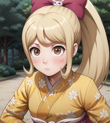 score_9, score_8_up, score_7_up, source anime, (shiny skin:1.20),
1girl,solo, outdoors, upper body,
 <lora:hiyoko-saionji-s2-ponyxl-lora-nochekaiser:0.8> hiyoko saionji, long hair, bangs, blonde hair, brown eyes,, hair ornament, long sleeves, bow, ponytail, hair bow, japanese clothes, kimono, sash, blush stickers, obi, floral print, cat hair ornament,, , <lora:pony_good_hands:1.1> good_hands,  <lora:add-detail-xl:1.1>,  <lora:enhancerV4-pony:1>, <lora:PerfectEyesXL:0.8> perfecteyes, <lora:Eye size Slider - PNY_alpha1.0_rank4_noxattn_last:1>,