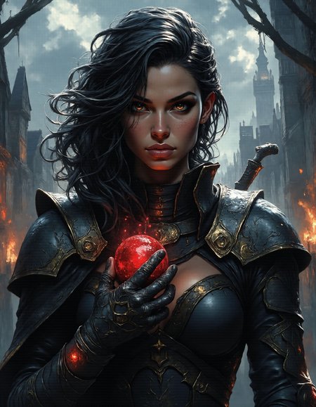 A bold ink and digital-painted portrait of a woman clad in gothic high-fantasy armor, her jet-black plate adorned with intricate silver filigree sketched in delicate ink. The background, a stormy battlefield, blends moody digital brushstrokes of deep grays and crimson lightning. Her face is partially illuminated by a glowing crystal embedded in her gauntlet, casting a cold, ethereal light across her sharp features. Ink lines emphasize the hard edges of her armor, while soft digital paint brings subtle gradients to the reflective surfaces. Positioned in the golden spiral, the glowing crystal draws the viewer's attention first, leading naturally to her defiant expression.,    (<lora:chargen_painterly_fantasy_portrait:0.75>) ,(<lora:Flux_Ink_Anime:0.75> inkpunk anime )