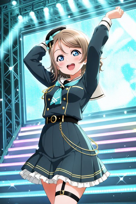 masterpiece, best quality, 1girl, solo, eyelashes, (beautiful eyes),   watanabe you, 1girl, arm up, belt, belt chain, blue eyes, blush, bow, grey hair, cube, frilled skirt, frills, garter straps, glowing, hat, hat bow, hat ribbon, kimi no hitomi o meguru bouken (love live!), long sleeves, looking at viewer, love live! sunshine!!, mini hat, nail polish, necktie, open mouth, pleated skirt, ribbon, sailor collar, screen, short hair, single garter strap, skirt, sleeve cuffs, solo, stage, stage lights,  ,<lora:LoveLiveSchoolIdolFestivalAllStarsIXL:1.0>,