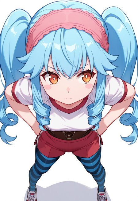 masterpiece,high quality details, absurdres, 
standing, hands on hips, feet apart, determined, looking forward,  ,
 <lora:Michiru_Kusagakure:0.8>
michiru_cnr, 1girl, blue hair, long hair, twintails, drill hair, sidelocks, orange eyes, blush stickers,hairband,, :|,, simple background, white background, from above,solo,, gym shirt,bustier,side slit pantyhose,,striped pantyhose,
