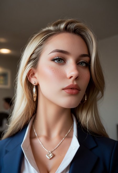 score_9, score_8_up, score_7_up, score_6_up, 1girl playful, mouth slightly open, ((perfecteyes)), (close up shot), ((face shot)), (facial photo), a bright meeting room, blonde hair, long intricate hair, pale skin, freckles, face focus, very large fake breasts, round tits, natural skin, blazer, ((pencil skirt)),necklace, jewelry, earrings, rings, legs crossed, very tall white high heels, low light, seductive, supermodel, gorgeous, depth of field, shadows, dramatic lighting,  candid, perfect eyes, fluorescent lighting, natural light, light particles,