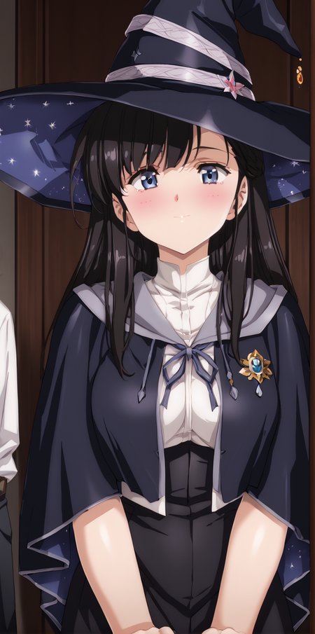 1girl, 1boy, masterpiece, highres, high quality,night, dark room,
score_9, score_8_up, score_7_up, score_6_up, source_anime,
(mature female), cowboy shot, 
BREAK
indoors, (blush:2), seductive smile, smile, 
covered nipples, 
BREAK,
BREAK,
Mina, long hair, bangs, blue eyes, black hair, witch hat,<lora:Urushihara Satoshi_XL_PONY_V2:0.9>,<lora:WanderingWitch:0.8>