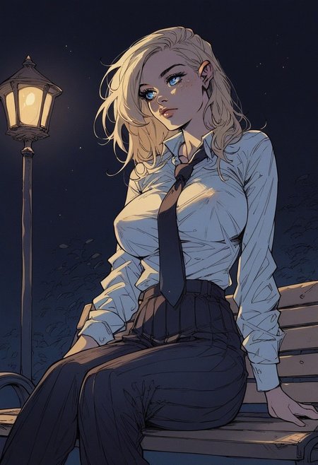 score_9, score_8_up, score_7_up, score_6_up, score_5_up, score_4_up, rating_explicit, source_western,  Ellie Buckingham, ((Bright Blond hair)), Blond Hair, Blond Bright blue eyes. Very large breasts, torpedo breasts, humongous breasts Western Style Artwork. Bold Lines, 
1 girl, sitting outside, on bench, street bench, night time, lamp post, lamp shining down, black pleated pants, ((white)) business shirt, tie, heavy coat, looking away
flat color, dark theme
sinozick style
1dk