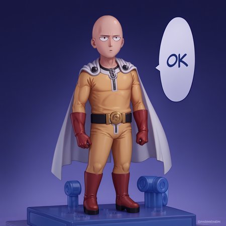 score_9, score_8_up, score_7_up, faux figurine, nendoroid, full body, figure, platform, solo, <lora:Nendoroid_pdxl_Incrs_v1:1>, <lora:Hoseki_OnePunchMan_Saitama_PDXL_v1:1> 0pm, 1boy, bald, brown eyes, yellow bodysuit, zipper, black belt, belt buckle, white cape, red gloves, red boots,  <lora:One_punch_man_meme:0.8> onepunchman_meme, parallel lines, impact lines, purple gradient background, side view, speech bubble, english text