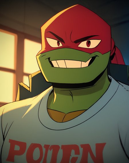 score_9, score_8_up, score_7_up, smooth lines, countershading, soft shading, 2d, extreme detail, 4K, high definition, high resolution,  <lora:rottmnt8:0.8>, 1boy, solo, Raph, green skin, turtle, red mask, shirt, grin, looking at viewer, upper body, indoors,