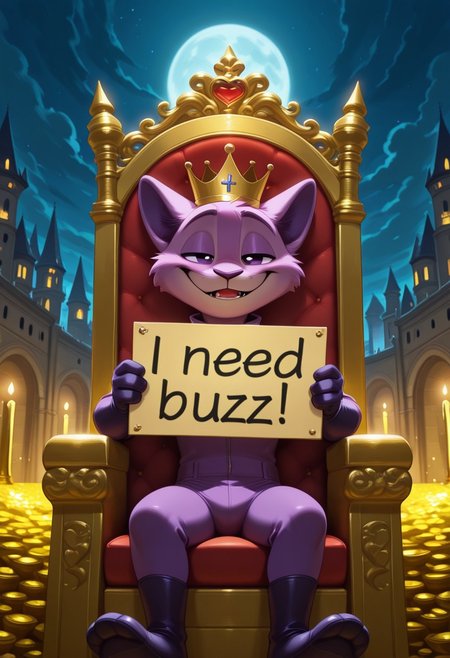 masterpiece, best quality, newest, absurdres, highres, 2024, 2023, masterpiece, best quality, amazing quality, (male, antro: 1.4), ZOOTOPIA_ARTSTYLE
BREAK 
( muscle, ( proud, holding sign "Need buzz for new castle !", sitting on throne made of gold) :1.1)), (1boy, solo ,(male only) anthro, )
BREAK 
(male: catnap, poppy_playtime)), rich clothes, crown, crown on head, pg,
BREAK 
outdoors, detailed background, night, castle, throne room