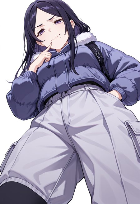 masterpiece,high quality details, absurdres,
 <lora:Kohinata:0.8>
kohinata_cnr,  1girl, black hair, long hair,parted bangs, purple eyes,mole under mouth,, simple background, white background, from below,solo,, disgust,forced smile,, peacoat  ,winter clothes,jogger pants,  ,mismatched legwear socks,
