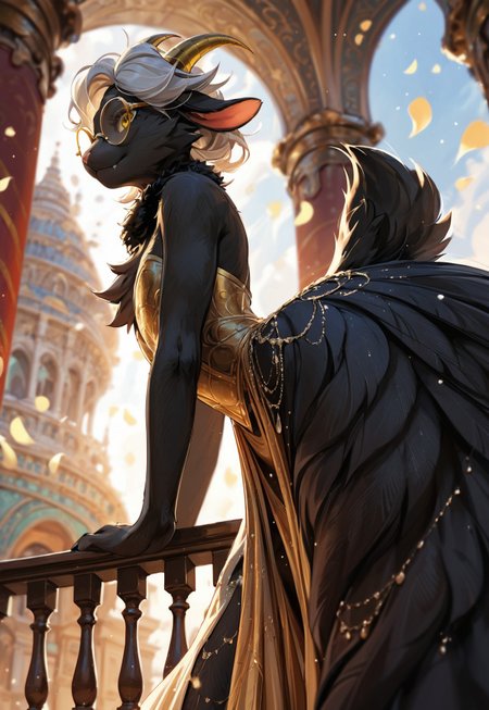 safe_pos, zPDXL2, OverallDetail, score_9, score_8_up, score_7_up, source_furry, solo, cute goat demon, ((femboy)), ((black fur:2)), (two toned fur:0.8), chest tuft:0.2, fur lining cleavage, from below, from side, dress split, 
 goat eyes, goat tail, detailed makeup, gold eye shadow, perfect face, sultry expression, (yellow eyes), ballroom, huge ass, round glasses, elegant ballroom dress, dress made of white roses, long flowing dress, tail under clothes, flat chest, fur sheen, cute fang, pose, short hair, long braid, white hair, french braid hairstyle, fur around collar, (small horns), golden horns, thin waist, wide hips, thick thighs, full body
