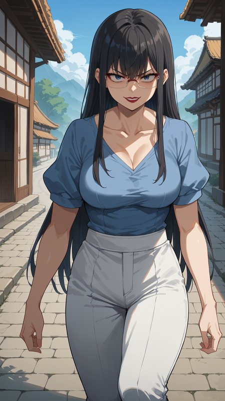 score_9,score_8_up,score_7_up,score_6_up, <lora:xl_more_art-full_v1:0.5>, source_anime, woman, dynamic pose, crawling,  <lora:Touko Kanbayashi - Pony-000004:0.8>, glasses, long hair, black hair, dark blue eyes, blue shirt, short sleeves, white pants, red lipstick, tired eyes, evil smile, angry eyes, path through the village, small japanese village,
