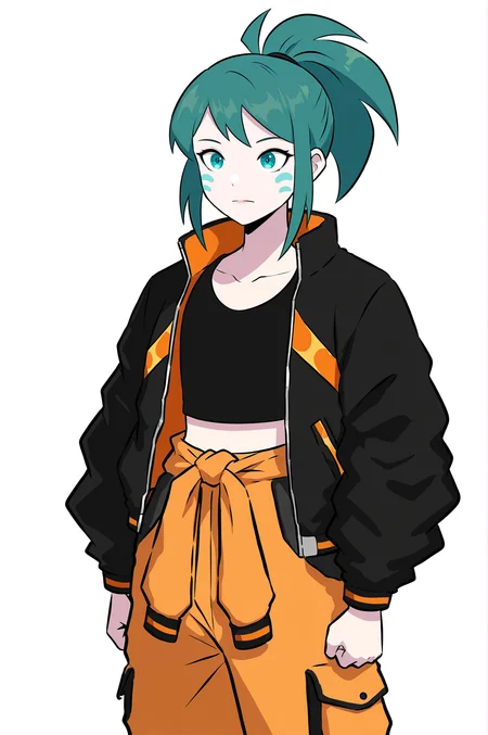 1girl, solo, LennaOC, teal hair, cyan cheek marks, sweeping bangs, ponytail, flat chested, black croptop, black jacket, long sleeves, shiny orange jacket accents, orange trims, orange pants, dark grey pockets, dark grey trouser accents,
arms by side, strong pose,
masterpiece, best quality, newest, absurdres, highres, sensitive,  <lora:Lenna_Illustrious:1>
(K-suwabe:1.2)